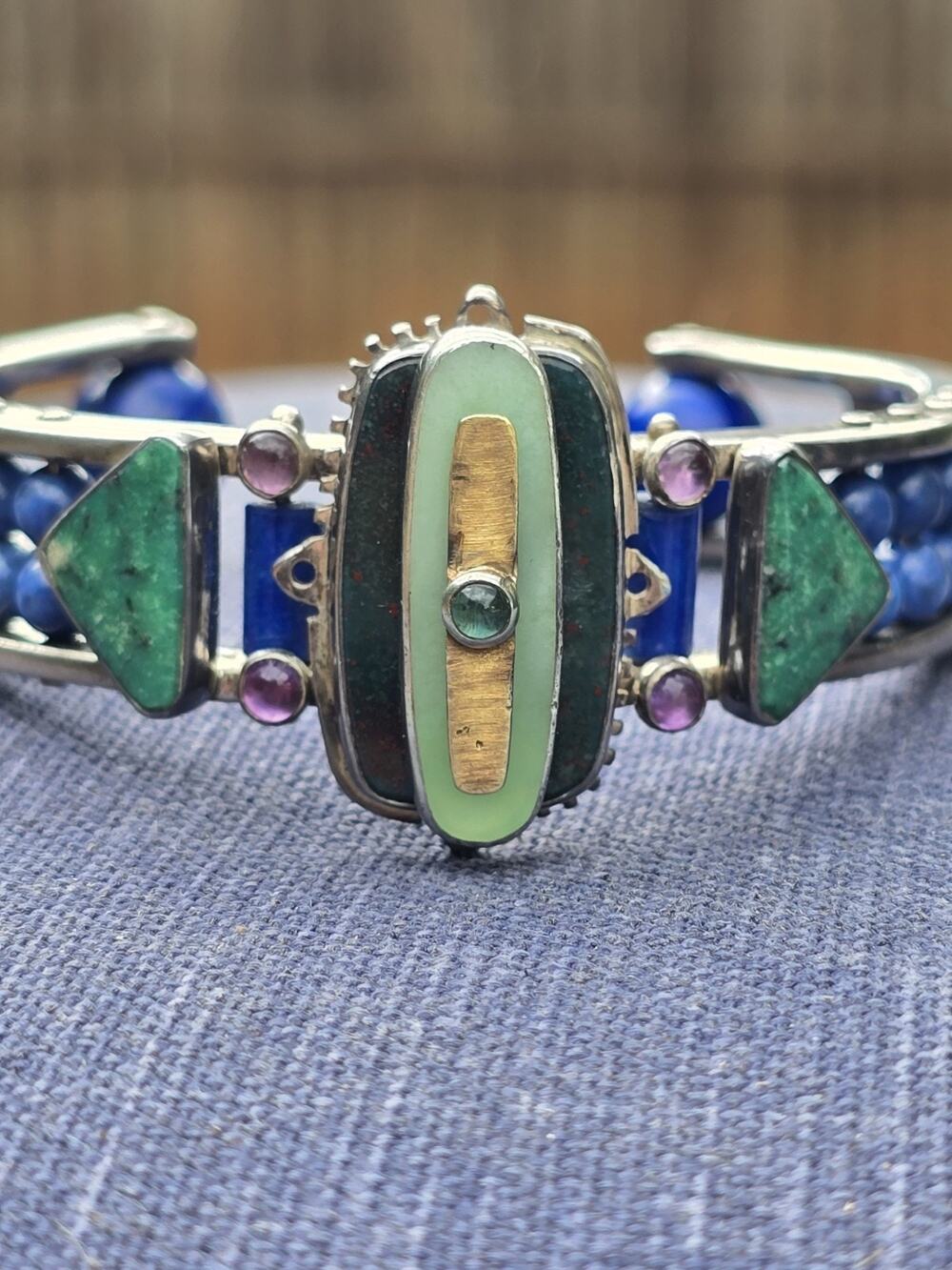 Michael Boyd Artisan Mosaic Cuff Bracelet 18K 22K Gold Sterling Lapis Chrysopras
